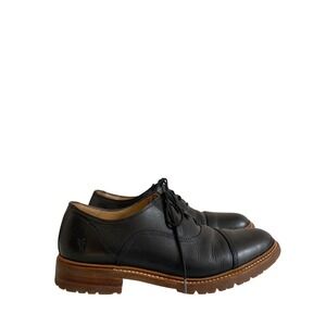 Frye Mens EUC James Bal Black Leather Cap Toe Lug Sole Oxford Shoes Size 9.5 D